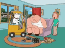 A Cartoon Of Peter Griffin Sitting On A Couch With A Forklift Behind Him GIF