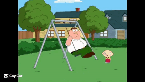 A Cartoon Of Peter Griffin Sitting On A Swing While Stewie Looks On GIF
