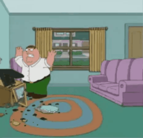 A Cartoon Of Peter Griffin Standing In A Living Room With A Couch GIF