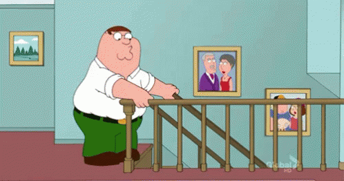 A Cartoon Of Peter Griffin Standing On The Stairs GIF