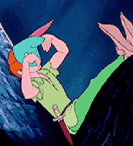 A Cartoon Of Peter Pan Laying On The Ground With His Arms Outstretched GIF