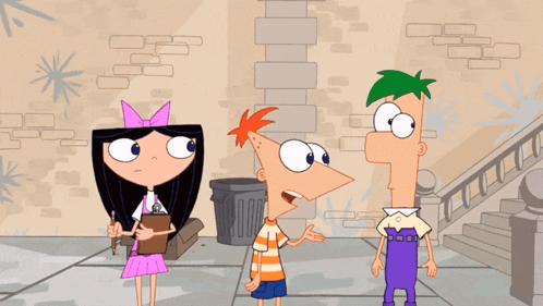A Cartoon Of Phineas And Ferb Standing In Front Of A Wall GIF