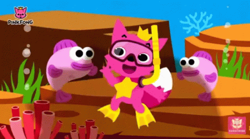 A Cartoon Of Pinkfong With Fish And Corals GIF