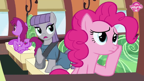 A Cartoon Of Pinkie Pie Sitting Next To A Purple Pony GIF
