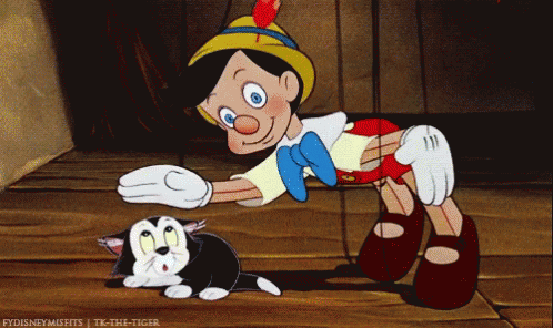 A Cartoon Of Pinocchio Petting A Black And White Cat With The Words Fydisneymisfits Tic-The-Tiger At The Bottom GIF