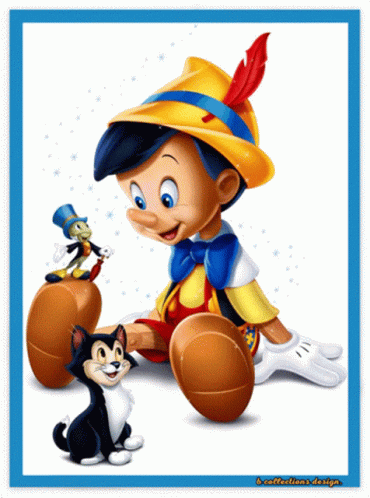 A Cartoon Of Pinocchio Sitting Next To A Cat And A Smaller Cartoon Character GIF
