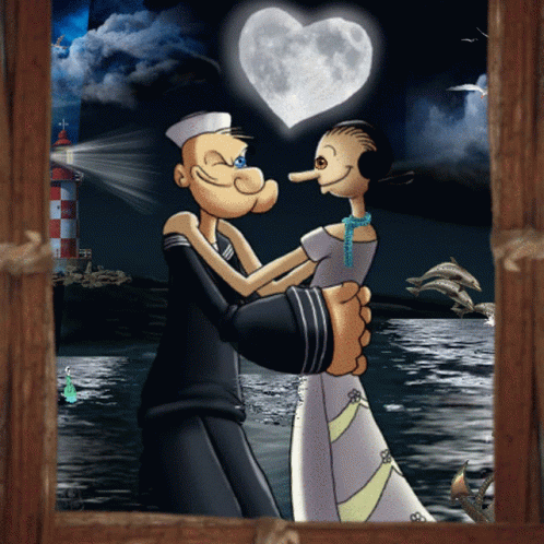 A Cartoon Of Popeye And Obama Hugging With A Heart In The Background GIF