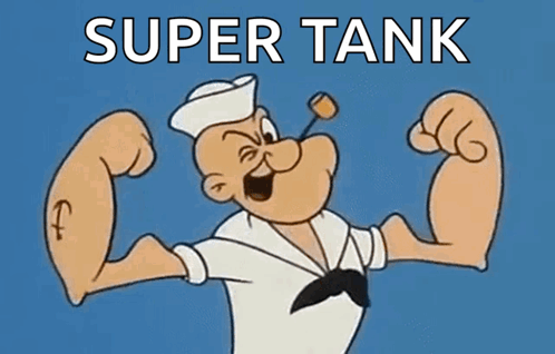 A Cartoon Of Popeye Flexing His Muscles With The Words Super Tank Behind Him GIF