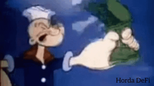 A Cartoon Of Popeye Holding A Bag Of Money With The Words Horda Defi Below Him GIF