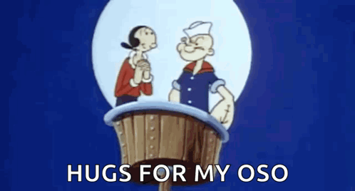 A Cartoon Of Popeye Hugging A Man In A Heart With The Words Hugs For My Oso On The Bottom GIF