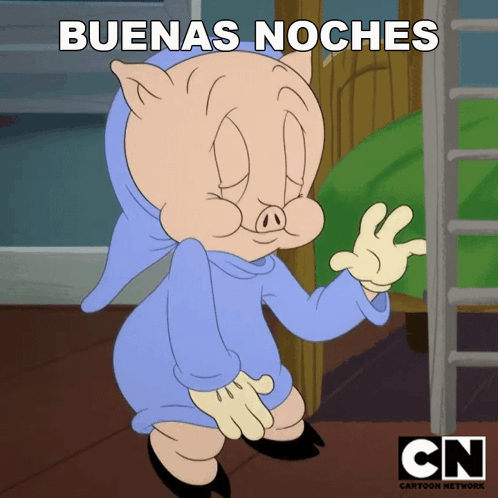 A Cartoon Of Porky Pig Says Buenas Noches On The Bottom GIF