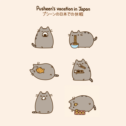 A Cartoon Of Pusheen 'S Vacation In Japan With Various Cats GIF