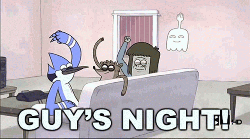 A Cartoon Of Regular Show Characters Sitting On A Couch With The Words Guy 'S Night GIF