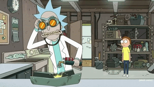 A Cartoon Of Rick And Morty In A Kitchen With A Sign That Says " Time Travel Stuff " GIF