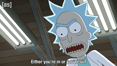 A Cartoon Of Rick And Morty Says Either You 'Re In Or You 'Re Out GIF