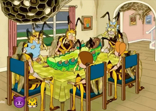 A Cartoon Of Rick And Morty Sitting Around A Table With A Caterpillar In The Middle GIF