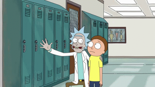 A Cartoon Of Rick And Morty Standing Next To Each Other In Front Of Lockers GIF