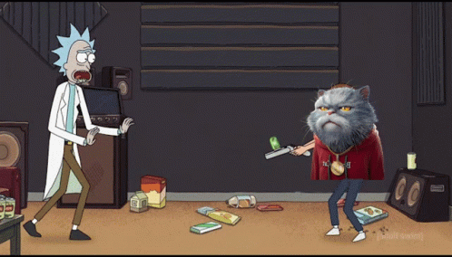 A Cartoon Of Rick And Morty With A Cat Pointing A Gun At Rick GIF