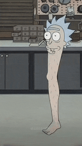 A Cartoon Of Rick From Rick And Morty With A Long Leg GIF