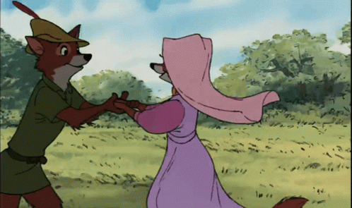 A Cartoon Of Robin Hood And A Woman Holding Hands GIF