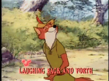 A Cartoon Of Robin Hood With The Words Laughing Back And Forth Behind Him GIF