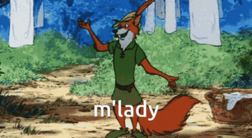 A Cartoon Of Robin Hood With The Words M 'Lady Below Him GIF
