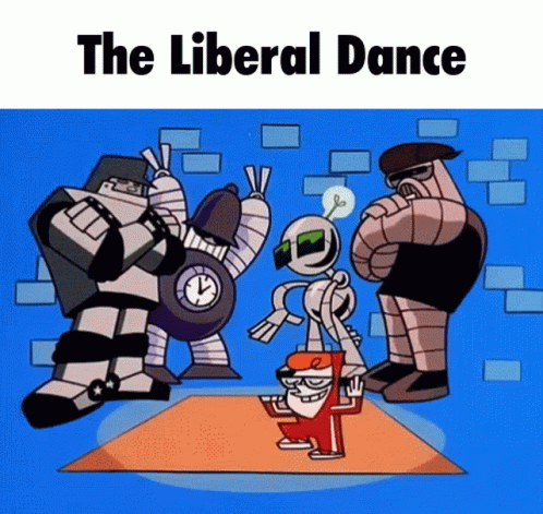 A Cartoon Of Robots Dancing With The Words " The Liberal Dance " Above Them GIF