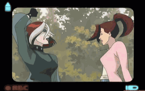 A Cartoon Of Rogue And Jean Grey Standing Next To Each Other On A Screen That Says Rbc GIF