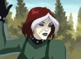 A Cartoon Of Rogue From The X-Men Standing In Front Of Trees . GIF