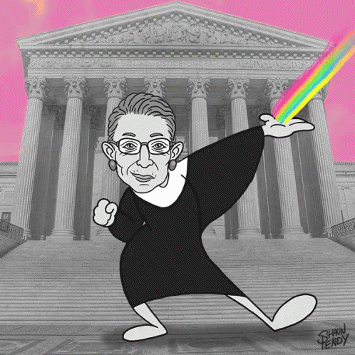 A Cartoon Of Ruth Bader Ginsburg Dancing In Front Of The Supreme Court GIF