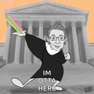 A Cartoon Of Ruth Bader Ginsburg Is Standing In Front Of The Supreme Court Building . GIF