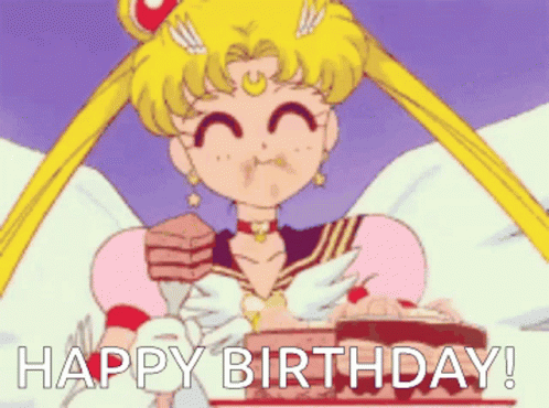 A Cartoon Of Sailor Moon Holding A Cake And Saying Happy Birthday . GIF