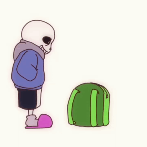 A Cartoon Of Sans Carrying A Green Backpack . GIF