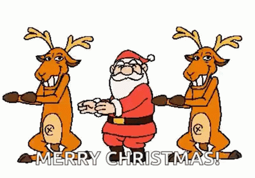 A Cartoon Of Santa Claus And Three Reindeer Dancing Together . GIF