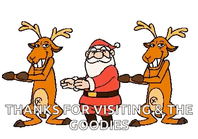 A Cartoon Of Santa Claus And Two Reindeer Dancing Together . GIF