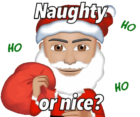 a cartoon of santa claus holding a bag with the words naughty or nice surrounding him