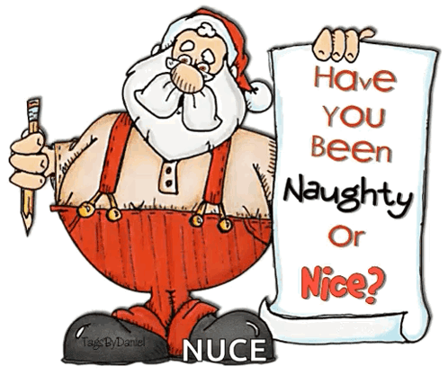 A Cartoon Of Santa Claus Holding A Pencil And A Scroll That Says " Have You Been Naughty Or Nice " GIF