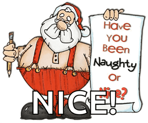 A Cartoon Of Santa Claus Holding A Pencil And A Sign That Says Have You Been Naughty Or Nice GIF