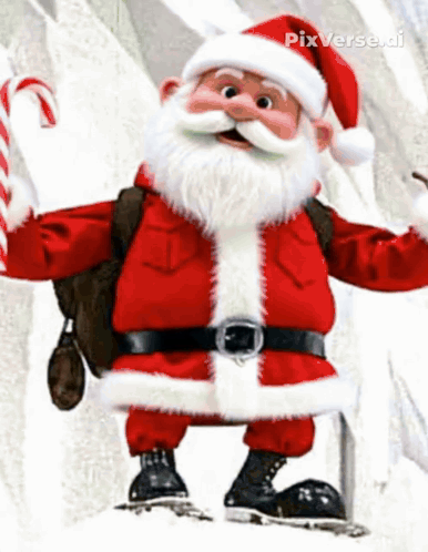 A Cartoon Of Santa Claus On Skis With A Bag Of Candy Canes GIF