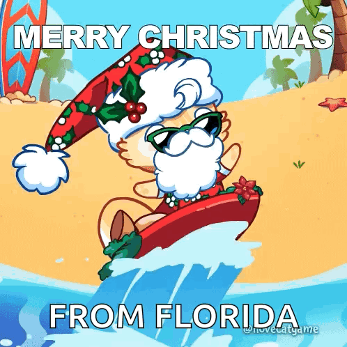 A Cartoon Of Santa Claus Riding A Surfboard In The Ocean With The Words Merry Christmas From Florida GIF