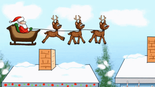 A Cartoon Of Santa In A Sleigh With Three Reindeer Pulling It GIF
