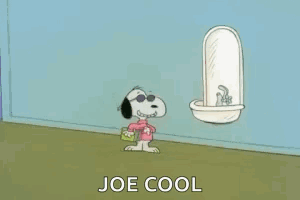 A Cartoon Of Snoopy And A Girl Standing Next To A Urinal With The Words Joe Cool Below Them . GIF