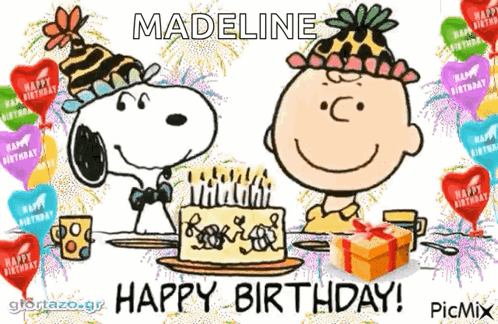A Cartoon Of Snoopy And Charlie Brown Celebrating Madeline 'S Birthday GIF