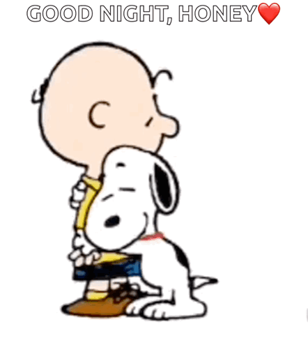 A Cartoon Of Snoopy And Charlie Brown Hugging Each Other With The Words Good Night Honey Above Them GIF