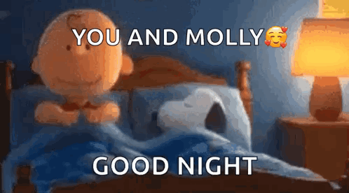 A Cartoon Of Snoopy And Charlie Brown Sleeping In A Bed With The Words You And Molly Good Night GIF
