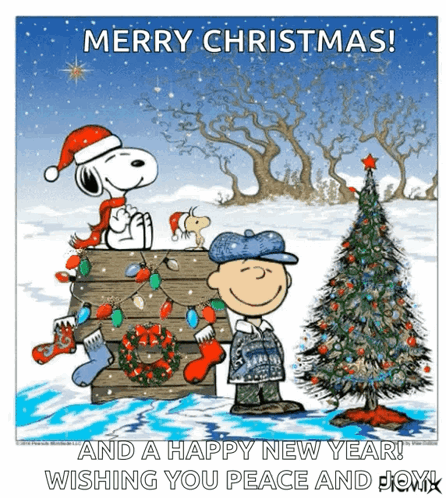 A Cartoon Of Snoopy And Charlie Brown Wishing You A Merry Christmas GIF