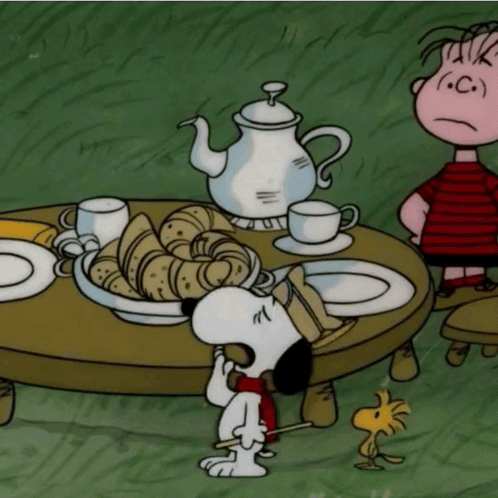 A Cartoon Of Snoopy And Linus Peanuts Having A Tea Party GIF