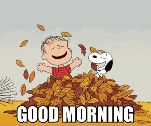 A Cartoon Of Snoopy And Linus Playing In A Pile Of Leaves With The Words Good Morning Written Below Them GIF