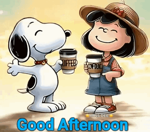 A Cartoon Of Snoopy And Lucy Holding Cups Of Coffee And Saying Good Afternoon . GIF