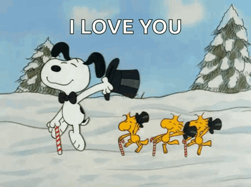 A Cartoon Of Snoopy And Woodstock Dancing In The Snow GIF